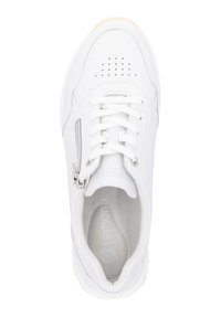 White sneaker with a smooth leather upper, lace and zipper closure, perforated design on the toe, and a textured rubber sole.