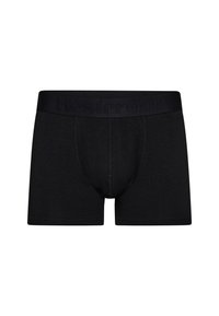 Zwarte boxershorts van zacht materiaal, met een brede dehnbare tailleband met gemarkeerde merknaam. Eenvoudig, aansluitend ontwerp zonder patronen.