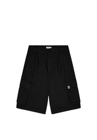 Pantaloncini cargo neri con chiusura a bottone, tasche laterali e logo applicato. Realizzati in tessuto leggero con vestibilità rilassata.