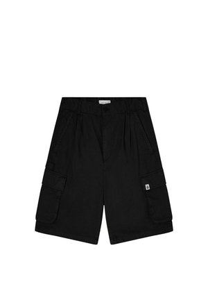 Pantaloncini cargo neri con chiusura a bottone, tasche laterali e logo applicato. Realizzati in tessuto leggero con vestibilità rilassata.