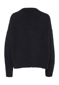 Pull tricoté en bleu marine foncé avec des manches longues et un ourlet et des poignets côtelés, vu de dos sur un fond blanc.