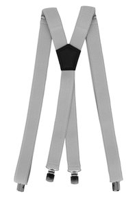 Graue elastische Hosenträger mit strukturiertem Oberfläche und einem zentralen schwarzen Stoffverbinder. Verfügt über Metallclips an jedem Ende zur Befestigung.