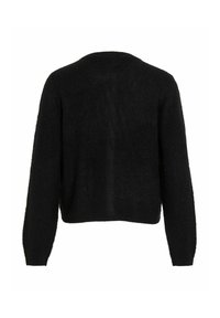 Pull en maille noir, coupé, avec une texture douce, un col rond et des manches longues. Design simple sans matériel ou motifs notables.