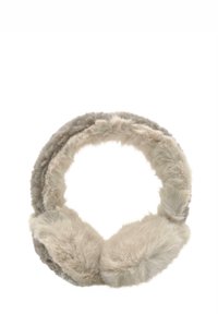 Fuskpälsöronmuffar i ljusbeige, cirkulär form med plyschliknande textur, utrustade med ett tjockt band för komfort och värme.