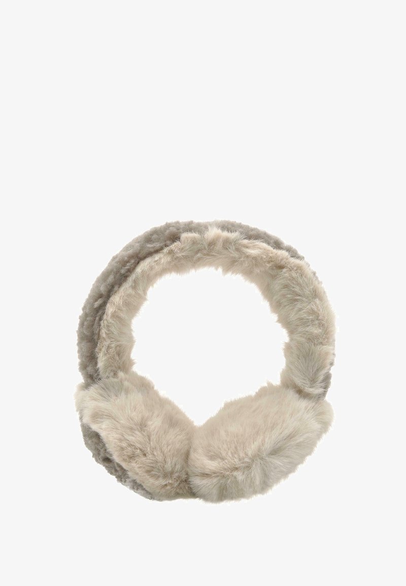 Fuskpälsöronmuffar i ljusbeige, cirkulär form med plyschliknande textur, utrustade med ett tjockt band för komfort och värme.
