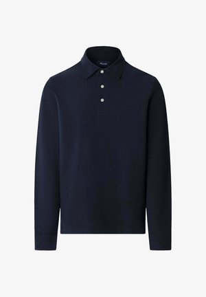 Navy katoenen longsleeve polo-shirt met een klassieke kraag, drie knopen en ribgebreide manchetten. Gladde textuur zonder patronen.