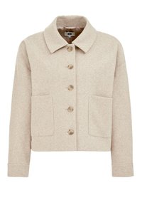 Beige cropped jakke lavet af blødt stof med krave, udstyret med seks brune knapper og to forlommer. Glat tekstur og løs pasform.