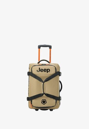 Tan wheeled duffeltas met zwarte riemen, Jeep-logo, oranje handvat en sterembleem. Duurzame stof met ritssluiting en rubberen wielen.