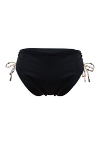 Czarne majtki bikini z marszczeniami po bokach, z kolorowymi plecionkami i metalicznymi akcentami. Gładki materiał z pełnym krojem.