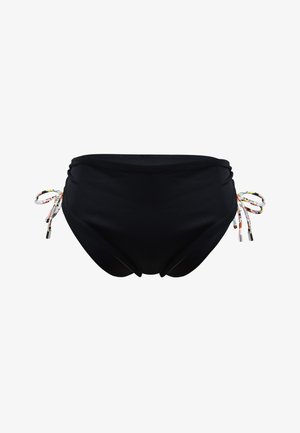 Czarne majtki bikini z marszczeniami po bokach, z kolorowymi plecionkami i metalicznymi akcentami. Gładki materiał z pełnym krojem.