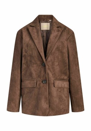 Blazer en daim marron texturé avec deux boutons noirs, revers crantés et poches à rabat à l'avant, présenté sur fond blanc.