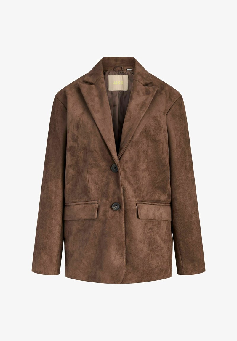 Blazer en daim marron texturé avec deux boutons noirs, revers crantés et poches à rabat à l'avant, présenté sur fond blanc.