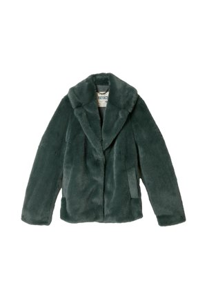 Faux-Fur-Jacke in Dunkeltürkis, ausgestattet mit einem eingekerbten Reverskragen, langen Ärmeln und einem lässigen Schnitt mit Seitentaschen. Weiche, plüschige Textur.