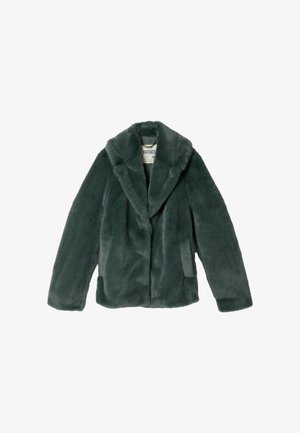 Faux-Fur-Jacke in Dunkeltürkis, ausgestattet mit einem eingekerbten Reverskragen, langen Ärmeln und einem lässigen Schnitt mit Seitentaschen. Weiche, plüschige Textur.