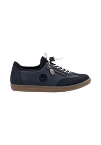 Navy blue casual shoe with a textured upper, rubber sole, white laces, and a side zipper detail. Features a logo on the outer side.