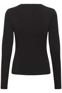 Langermet svart topp laget av lett stoff. Har enkel rund hals og tettsittende design, med glatt tekstur og uten synlige pyntedetaljer.