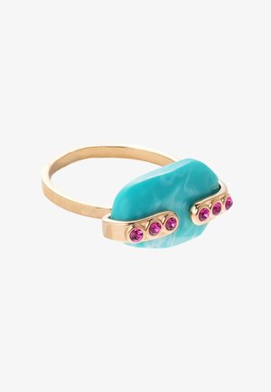 Turquoise resin ring with gold-toned metal accents, featuring five pink gemstones along the sides and a smooth, rounded design.