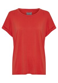 Red short-sleeve t-shirt made of smooth fabric, featuring a relaxed fit, rounded neckline, and subtle stitching details.