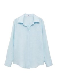 Blouse bleu clair à manches longues avec col et boutons dissimulés sur le devant, présentée sur fond blanc.