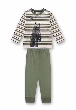 Pigiama due pezzi per bambini con pantaloni verde oliva e maglietta a maniche lunghe a righe con grafica di un orso e fumetto con scritto "Any questions?"
