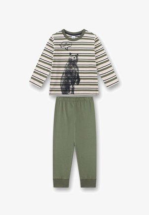Zweiteiliger Kinder-Pyjama mit olivgrüner Hose und gestreiftem Langarmshirt mit Bärengrafik und Sprechblase mit dem Text "Any questions?"