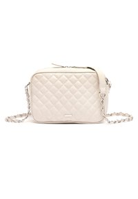 Borsa a tracolla in eco-pelle crema trapuntata, con forma rettangolare, tracolla in catena argentata e chiusura a zip superiore. Presenta dettagli a motivo diamante.