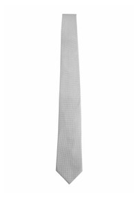 Cravate gris clair avec un motif carreauté subtil, fabriquée en tissu lisse, se rétrécissant vers une extrémité pointue.