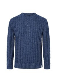 Marineblauer Strickpullover mit gerippter Textur, rundem Halsausschnitt und langen Ärmeln. Verfügt über ein kleines Etikett an der unteren Seite.