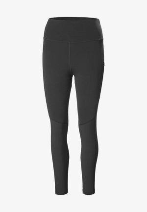 Černé atletické legíny s vysokým pasem a panelovým zdobením na kolenou, úzký střih až k kotníkům.