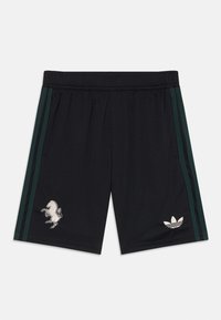 Schwarze Sportshorts mit grünen Seitestreifen, elastischem Bund, ausgestattet mit einem weißen Einhorn-Logo und einem Adidas-Trefoil-Logo.