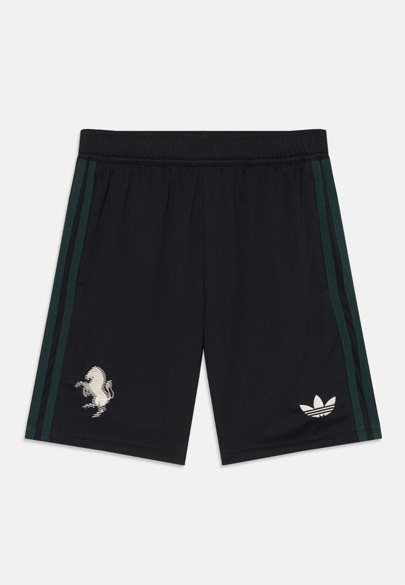 Schwarze Sportshorts mit grünen Seitestreifen, elastischem Bund, ausgestattet mit einem weißen Einhorn-Logo und einem Adidas-Trefoil-Logo.