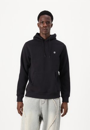Black hoodie made of cotton blend, features a kangaroo pocket, adjustable drawstring hood, and small logo on the chest.