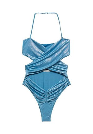 Shiny blue one-piece swimsuit with a cross-front design, adjustable straps, and ruched sides. Made of smooth fabric with a glossy finish.