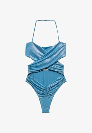 Sjajni plavi jednodijelni kupaći kostim s križnim dizajnom sprijeda, podesivim naramenicama i nabranim stranama. Izrađen od glatkog materijala s sjajnim finišem.