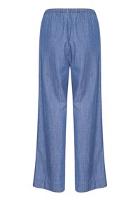 Ljusblå vida jeansbyxor tillverkade av denimtyg. Har resårmidja och en ren, enkel design utan fickor eller dekorationer.