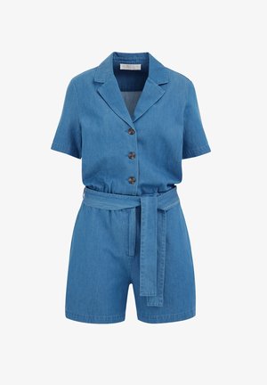 Combinaison en denim bleu clair. Manches courtes, boutonnière devant, col et taille ceinturée. Dispose de deux poches latérales et d'une finition texturée.
