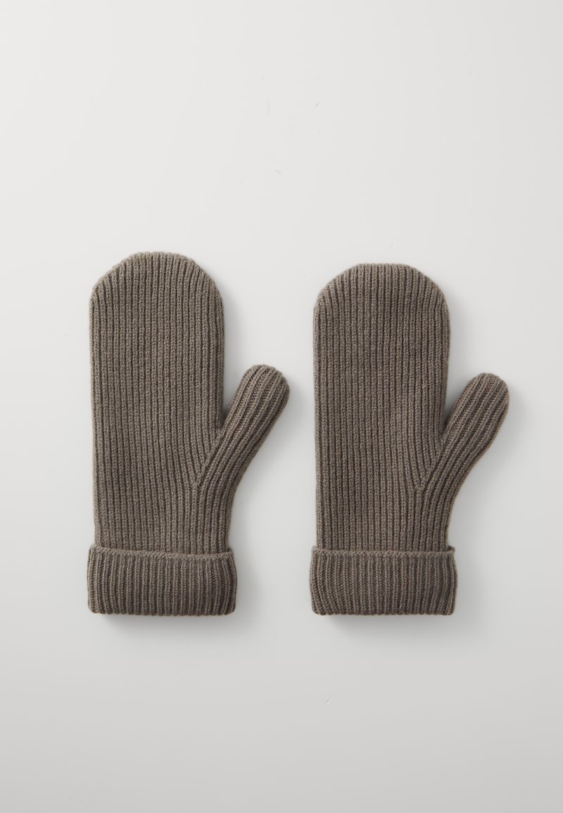 Des mitaines en laine marron présentent une texture côtelée, un haut arrondi et un poignet pour plus de chaleur. Le design est simple et fonctionnel.