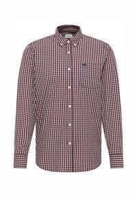 Koszula w kratę z długim rękawem w kolorze ciemnoczerwonym i granatowym, wykonana z bawełny, z kołnierzykiem zapinanym na guziki i pojedynczą kieszenią na piersi.