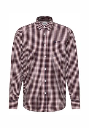 Camisa de manga larga a cuadros en rojo oscuro y azul marino, hecha de algodón, con cuello abotonado y un bolsillo en el pecho.