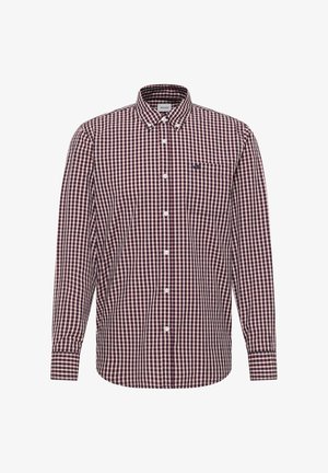 Langærmet ternet skjorte i mørkerød og marineblå, lavet af bomuld, med knaplukning på kraven og enkelt brystlomme.