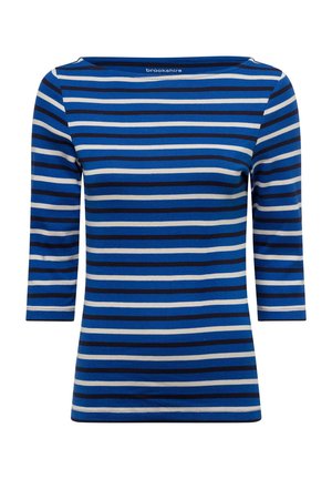 Blau-weiß gestreiftes Langarmoberteil mit einem Bootsausschnitt, aus weichem Stoff gefertigt, mit horizontalen Streifen in unterschiedlichen Breiten.