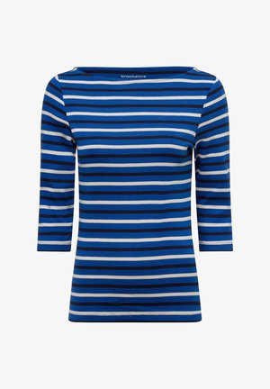 Blue and white striped long-sleeve top with a boat neckline, made of soft fabric, featuring horizontal stripes of varying widths.