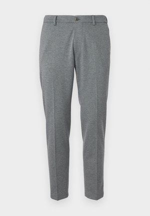 Gray dress pants made from a textured fabric, featuring a button closure, belt loops, and two front pockets, slim fit design.