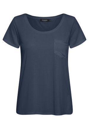 Navy blue short-sleeve T-shirt made of smooth fabric, featuring a rounded neckline and a small chest pocket. Classic fit with soft texture.