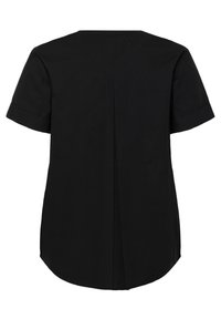 Blusa nera a maniche corte con colletto rotondo, caratterizzata da una cucitura centrale sul retro e un orlo curvo per una vestibilità rilassata.