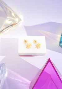 Orecchini a forma di fiore in oro con sei petali appuntiti, montati su un'esposizione bianca, circondati da forme geometriche trasparenti di vari colori.