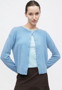 Light blue cardigan made of soft material, featuring a round neckline, buttoned front, and long sleeves, paired with a light blue top.