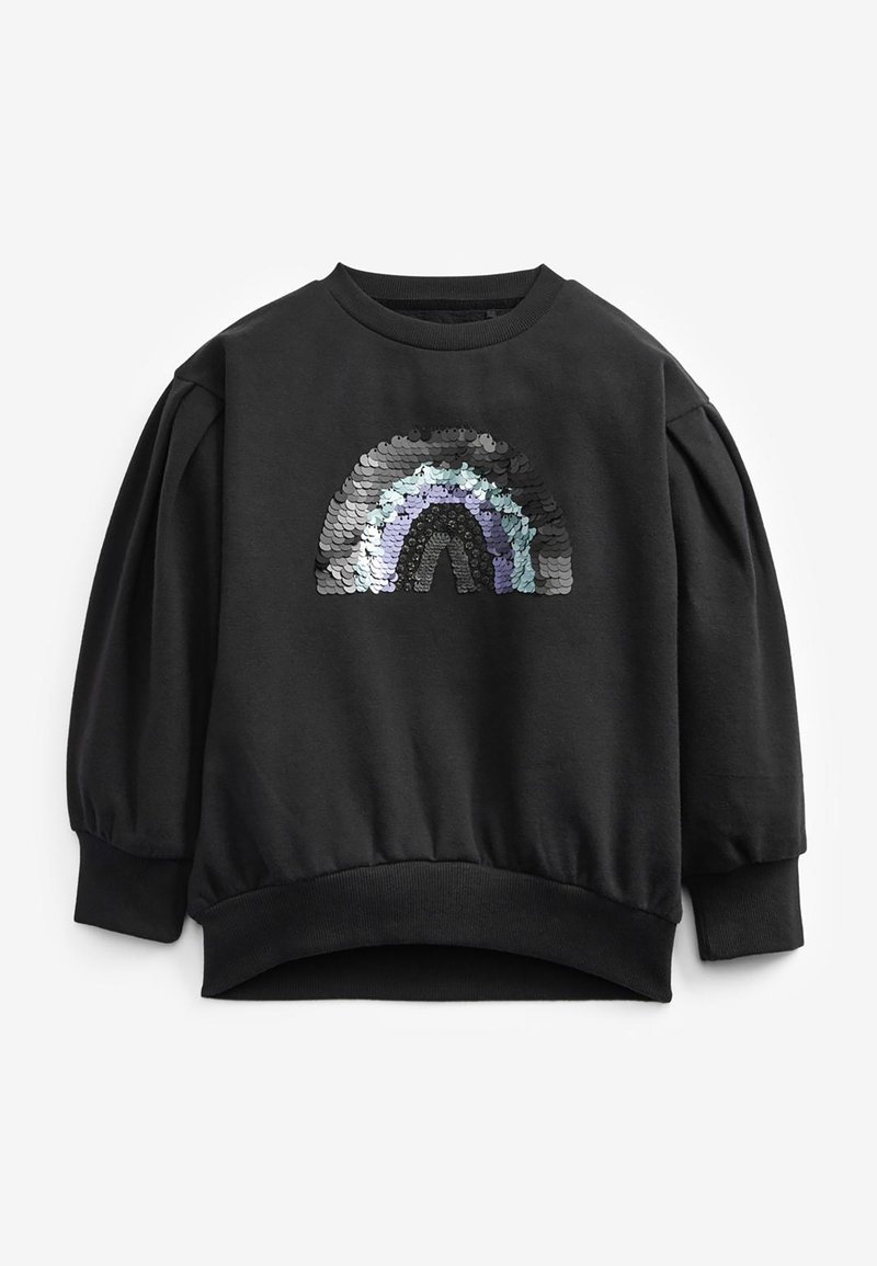Sweatshirt noir à manches longues bouffantes avec un motif arc-en-ciel en sequins dans des nuances de noir, gris et lavande sur la poitrine.