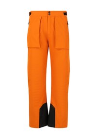 Helle orange wasserdichte Hosen mit zwei Klapptaschen und schwarzen Akzenten an den Bündchen. Hergestellt aus strapazierfähigem Material, entworfen für den Einsatz im Freien.