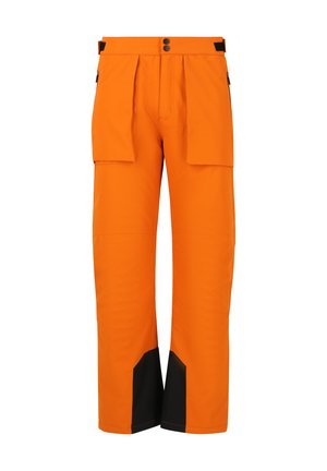 Pantalons imperméables orange vif avec deux poches à rabat et des accents noirs au niveau des poignets. Fabriqués en matériau durable, conçus pour une utilisation en extérieur.